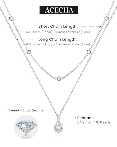ACECHA Silver Necklace for Women, Dainty Layered Stack Set | silver plated, stackable, choker necklaces with cz pendant, ideal for daily prom wedding jewelry - color: silver-layered teardrop