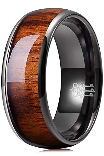 THREE KEYS JEWELRY Tungsten Wedding Band Koa wood Inlay Black Domed | 4mm, 6mm, 8mm, Everyday Wear, Black, Domed, Koa wood inlay - color: Black 8mm