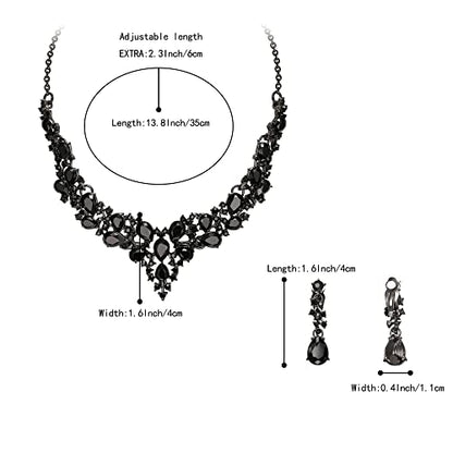Wedding Statement Necklace Clip-on Earrings Jewelry Set | Sparkling Austrian Crystal Teardrop Cluster for Party Prom Accessories - color: 02-Black Black-Tone