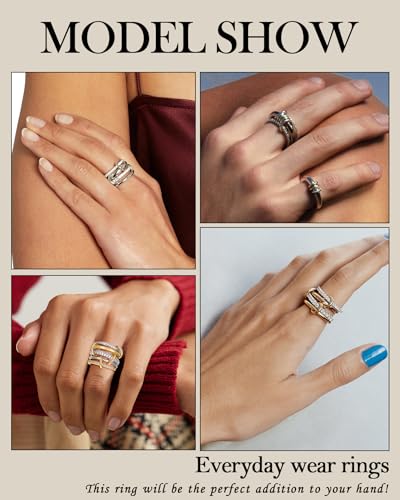 Gold Silver Stackable Rings for Women Mixed Metal Interlocked Ring Stack | Multi Ring set non tarnish 14K Gold Plated Cubic Zirconia Fashion trendy Two Tone Connected Bands Statement rings Size 4-11 - color: 04- Two tone 3 rings