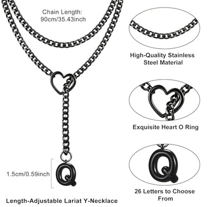 Black Heart Slip Chain Initial Necklaces for Women, Stainless Steel Wrap Choker Necklace, Gothic O-Ring Adjustable Lariat Y Necklaces, Punk Cuban Collar Choker Necklace, Halloween Jewelry Gift - color: Black Q