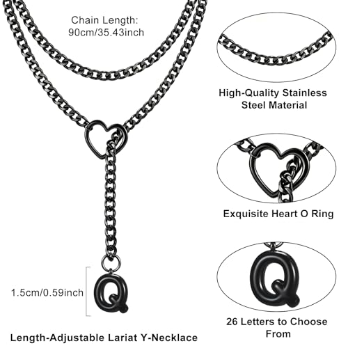 Black Heart Slip Chain Initial Necklaces for Women, Stainless Steel Wrap Choker Necklace, Gothic O-Ring Adjustable Lariat Y Necklaces, Punk Cuban Collar Choker Necklace, Halloween Jewelry Gift - color: Black Q