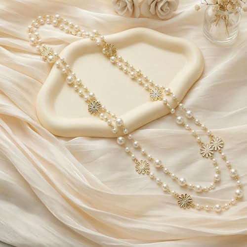 Long Pearl Necklace for Women, Layered Faux Pearl Station Necklace, Gold Tone Double Strand for Wedding Guest Looks and Evening Styling - color: Golden Sun flower 060