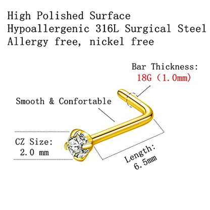 316L Surgical Steel 22g/20g/18g Nose Rings Studs L-Shape Nose Nostrial Piercing Body Jewerly L Shaped Nose Studs 1.5mm 2mm 2.5mm 3mm CZ Nose Screw Studs Rings for Women - style: 6pcs/L-shape/18g/2.0mm Clear CZ/Gold