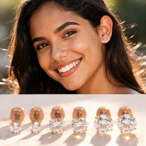 Limerencia Moissanite Stud Earrings, 3 Pairs Titanium Screw Back Earrings | D Color VVS1 Clarity Lab-created Moissanite Earrings, Hypoallergenic G23 Pure Titanium for Women Men Sensitive Ears - color: Rose Gold S