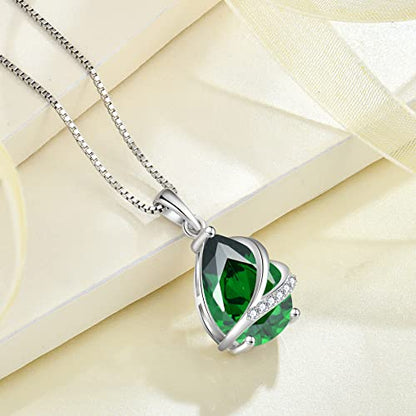 Birthstone Pendant Necklace 925 Sterling Silver Teardrop Jewelry for Women - color: Emerald Green