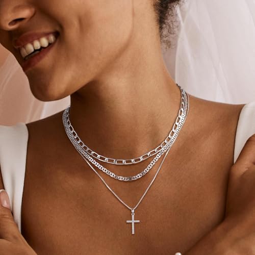 MFRYK Gold Necklaces for Women,14K Gold/Silver Plated Choker Layered Necklace Dainty Pearl Disc Cross Circle Heart Pendant Chain Stackable Necklaces, Multilayer Jewelry Set Gifts for Women - style: 3Layered Cz Cross-SL