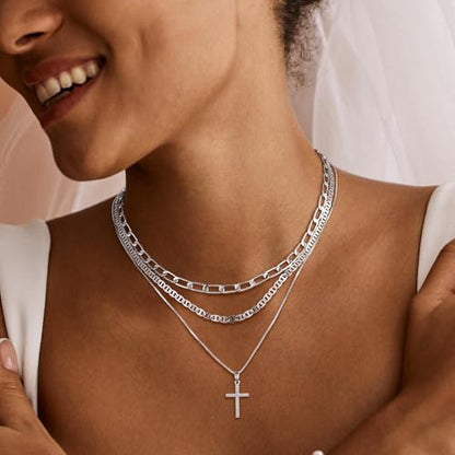 MFRYK Gold Necklaces for Women,14K Gold/Silver Plated Choker Layered Necklace Dainty Pearl Disc Cross Circle Heart Pendant Chain Stackable Necklaces, Multilayer Jewelry Set Gifts for Women - style: 3Layered Cz Cross-SL