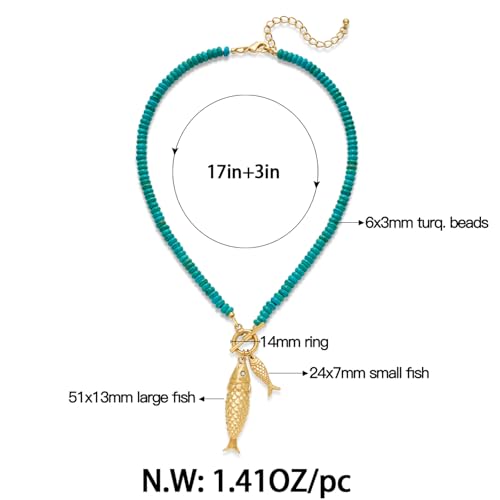 Chunky Gold Fish Pendant Necklace For Women Long Silk Scarf Turquoise Strand Necklace With Fish Pendants Boho Beach Shell Statement Necklaces - style: Turquoise Strand