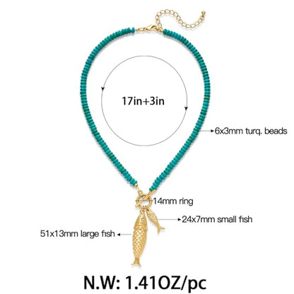 Chunky Gold Fish Pendant Necklace For Women Long Silk Scarf Turquoise Strand Necklace With Fish Pendants Boho Beach Shell Statement Necklaces - style: Turquoise Strand