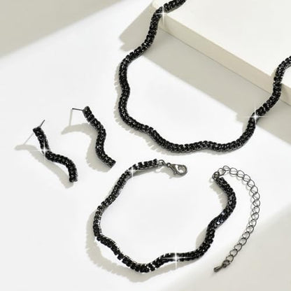 Gold Rhinestone Jewelry Set for Women Crystal Choker Necklaces Drop Earrings Adjustable Bracelet Elegant Prom Bridal Jewelry - color: Black