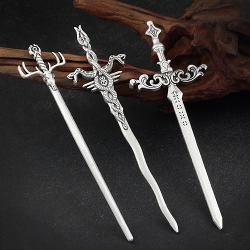 3PCS Sword Hair Pins for Women, Metal Hair Sticks Set, Fantasy Hair Accessories, Medieval Renaissance Hair Pin Set, Gothic Decorative Hair Sticks for Bun Updo Long Thick Hair