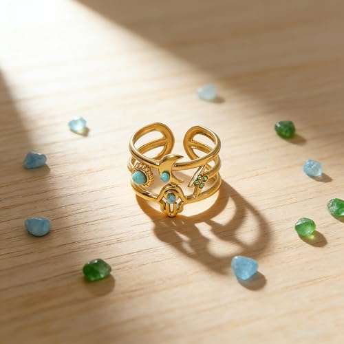 Todenb Turquoise Ring for Women，Gold Western Turquoise Open Ring Boho Stainless Steel Moon and Star Band Wrap Knuckle Rings Western Country Fashion Jewelry Accessories - color: big moon