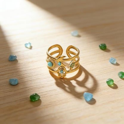 Todenb Turquoise Ring for Women，Gold Western Turquoise Open Ring Boho Stainless Steel Moon and Star Band Wrap Knuckle Rings Western Country Fashion Jewelry Accessories - color: big moon