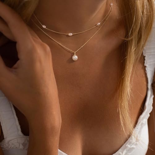 Plenky Pearl Necklaces for Women-14k Gold Plated Layered-Single Pearl Necklace Simple Pearl Choker Necklaces for Women Trendy Cute Gold Necklace Jewelry for Women Gifts - style: Double Pearl Necklace