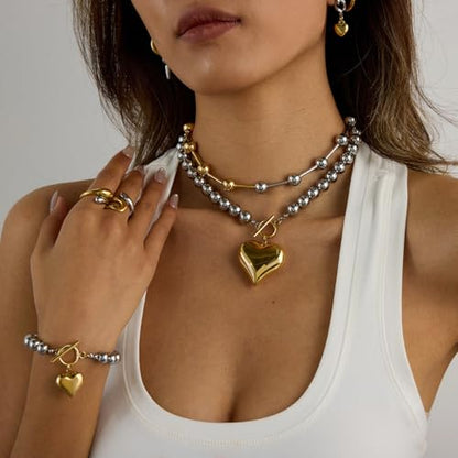 NUZON Sunburst Heart / 2-Tone Interlocking/CZ Evil Eye/Single Pearl/Love Heart Pendant Necklace for Women 14K Gold Chain Necklace Chunky Statement Jewelry - color: 2-Tone Heart