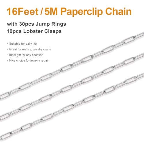Kyutong 16.4 Feet Stainless Steel Paperclip Chain Links for Jewelry Making | 3MM Paper clip Necklace Chains Bulk for DIY Craft Bracelet Ankle Finding Jewelry Supplies - color: 3mm Paperclip Silver