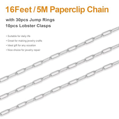 Kyutong 16.4 Feet Stainless Steel Paperclip Chain Links for Jewelry Making | 3MM Paper clip Necklace Chains Bulk for DIY Craft Bracelet Ankle Finding Jewelry Supplies - color: 3mm Paperclip Silver