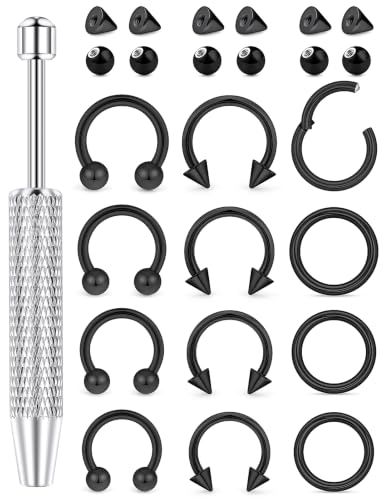 16G Horseshoe Septum Nose Rings 316L Surgical Steel Cartilage Tragus Helix Rook Daith Hinged Clicker Earring Snake Bites Lip Piercing Jewelry for Women Men 10mm 3/8 inch Silver Black Gold - color: Black
