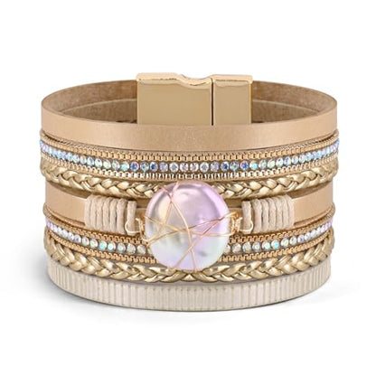 Wrapped Bracelets for Women,Leather Boho Bracelets for Women - color: Shell-Khaki
