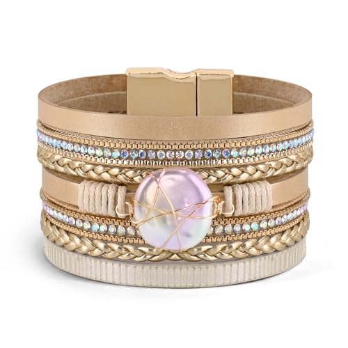 Wrapped Bracelets for Women,Leather Boho Bracelets for Women - color: Shell-Khaki