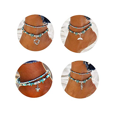 Softones Blue Starfish Turtle Anklet Multilayer Charm Beads Sea Handmade Boho Anklet Foot Jewelry for Women - style: H:4pcs Animal Anklets