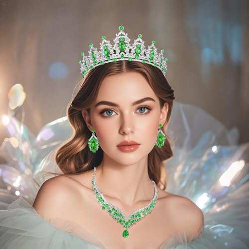 Crowns and Tiaras jewelry sets for Wedding princess birthday party Halloween Prom Pageant Jewelry for Women Crystal Bridal Jewelry Set for women - color: Silver Green