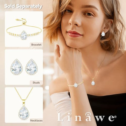 Linawe Women Stud Earrings, Teardrop Diamond Moissanite Cubic Zirconia Earrings Studs Rhinestone Jewelry Gold/Silver/Rose Gold - color: Gold,April
