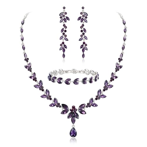 EVER FAITH Marquise Crystal Leaf Bridal Prom Jewelry Set for Women Bride | Rhinestone Wedding Party Necklace Dangle Earrings Tennis Bracelet, for Bridesmaid - color: Purple Silver-Plated-Base