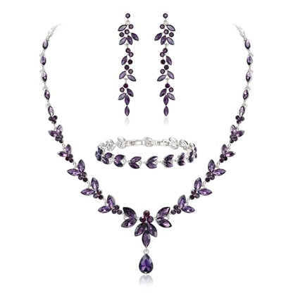 EVER FAITH Marquise Crystal Leaf Bridal Prom Jewelry Set for Women Bride | Rhinestone Wedding Party Necklace Dangle Earrings Tennis Bracelet, for Bridesmaid - color: Purple Silver-Plated-Base