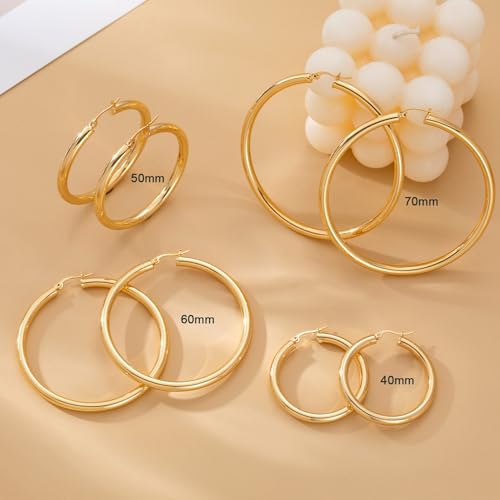 4mm Thick Gold Chunky Earrings Steling Silver Post Hoops Earrings For Women Hollow Tube Hoops Earrings Thick Gold Hoop Earrings Hypoallergenic Lightweight Gold Hoop Large Earrings 20/30/40/50/60MM - color: Gold,60mm