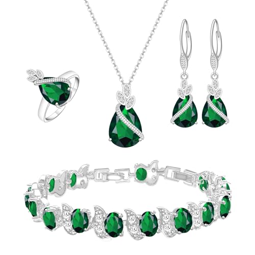 GZWHD Jewelry Set for Women CZ Earrings Necklace Ring Bracelet Set Prom Party Wedding Jewelry Gift for Mother Friend Wife - color: A-Green
