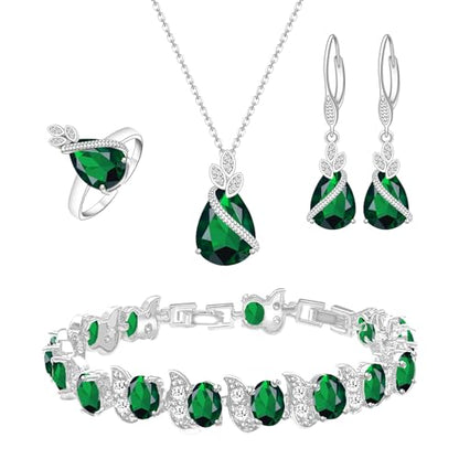 GZWHD Jewelry Set for Women CZ Earrings Necklace Ring Bracelet Set Prom Party Wedding Jewelry Gift for Mother Friend Wife - color: A-Green