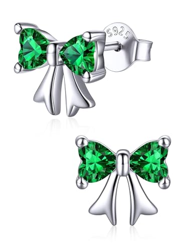 ChicSilver 925 Sterling Silver Bow/Butterfly Earrings for Women Hypoallergenic Birthstone Earrings Dainty Bow/Butterfly Jewelry Gift for Women - color: Bow-May-Emerald