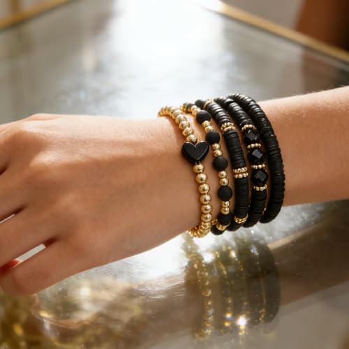 Alegend 14K Gold Plated Stackable Multilayer Bracelets + Titanium Steel(Not Rust, Resist Corruption, Easily Clean) 18K Gold Plated Single Bracelets - color: 14K Gold Plated Black Beaded