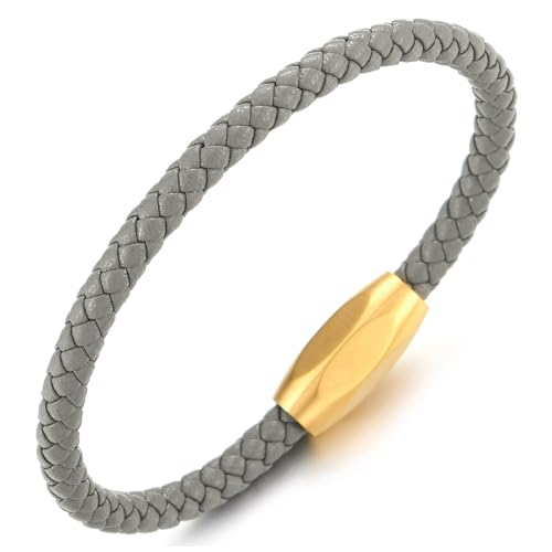 COOLSTEELANDBEYOND Minimalist Mens Women Leather Bracelet, Thin Braided Leather Bangle, Steel Oval Magnetic Clasp - color: F-Color: Grey