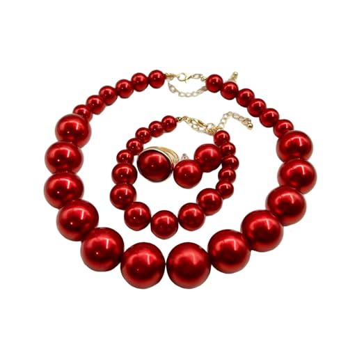 White Faux Pearl Necklace and Earrings Set Big Large Pearl Bead Ball Beaded Choker Necklace Black Pink Pearls Statement Bracelet Ring for Women - color: wine red