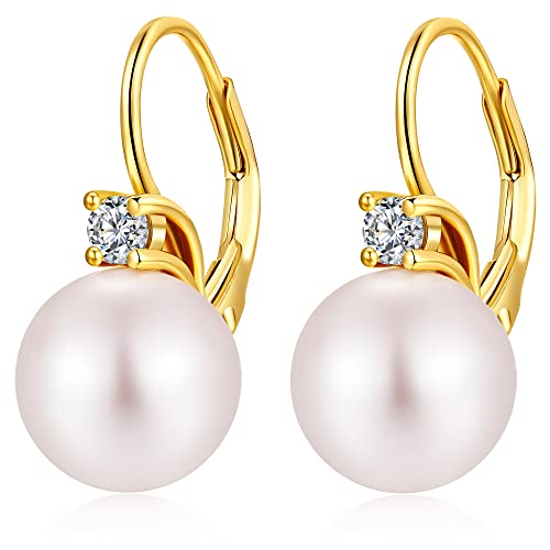 Pearl Earrings for Women Pearl Leverback Earrings 925 Sterling Silver - color: A4-zirconia-yellow