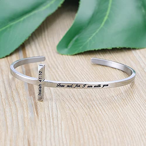𝐂𝐫𝐨𝐬𝐬 𝐁𝐫𝐚𝐜𝐞𝐥𝐞𝐭 Religious Cuff Bangle 𝐁𝐢𝐛𝐥𝐞 𝐕𝐞𝐫𝐬𝐞 Christian Gifts Jewelry for 𝐖𝐨𝐦𝐞𝐧 - style: Silver cuff-Fear not, for I am with you -Isaiah 41:10