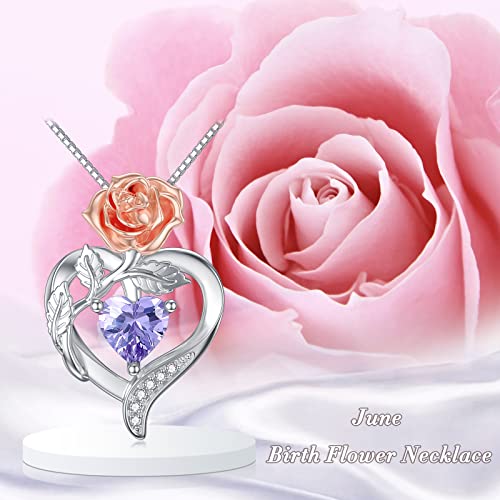 TOUPOP Birth Flower Necklace 925 Sterling Silver Heart Birthstone Pendant Necklaces Birth Month Floral Jewelry Birthday Valentines Day Mothers Day Gifts for Women Wife Mom - style: 6-June-Rose