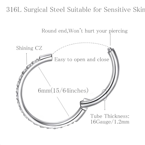 ORANGELOVE 20G 18G 16G Clear CZ Nose Ring Hoop 316L Surgical Steel Seamless Silver Septum Ring Clicker Jewelry Cartilage Earring Ear Piercing Hoop Earrings for Women Men Helix Rook Lobe Conch Tragus Daith Lip Hinged Piercing Jewelry with Cubic Zirconia -