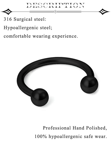 16G Septum Rings Surgical Steel Nose Septum Horseshoe Hoop Earring Eyebrow Tragus Helix Lip Piercing Jewelry Nipple Rings for Women Men 6mm 8mm 10mm 12mm 14mm 16mm - color: black,ball