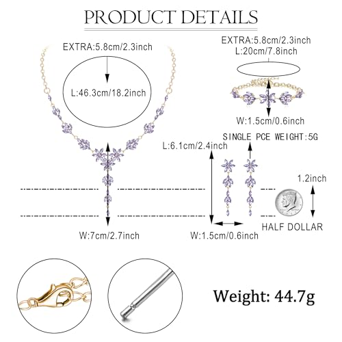 EVER FAITH Crystal Flower Wedding Prom Jewelry Set for Bride Bridesmaid | Rhinestone Costume Party Y-Shaped Necklace Dangle Earrings Bracelet, for Women - color: Light Purple Gold-Tone