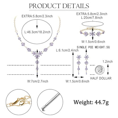 EVER FAITH Crystal Flower Wedding Prom Jewelry Set for Bride Bridesmaid | Rhinestone Costume Party Y-Shaped Necklace Dangle Earrings Bracelet, for Women - color: Light Purple Gold-Tone