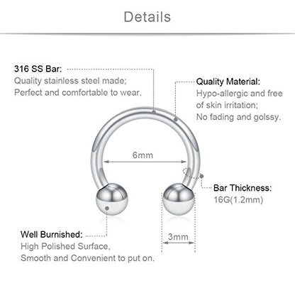 SCERRING 12PCS 316L Stainless Steel 16G Circular Barbells Eyebrow Lip Ear Tragus Horseshoe Hoop Rings 6-12mm - style: 6mm w Balls&Spikes