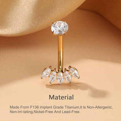 Gold Belly Button Ring, Titanium Dangle Floating Navel Piercing Jewelry - color: Gold-Leaf-10mm