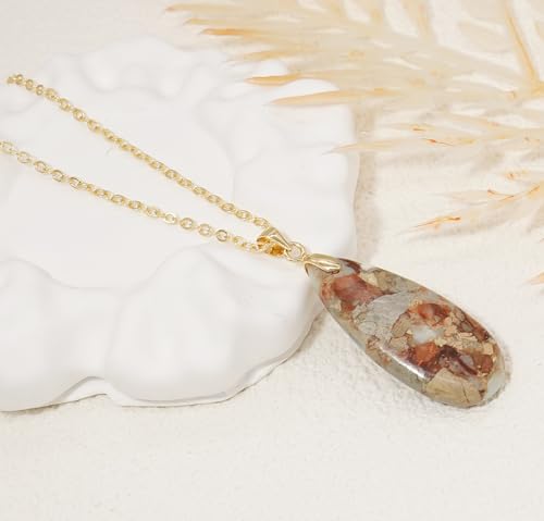 Stone Necklaces for Women Teardrop Gemstone Pendant Necklace Natural Stone Chain Necklaces - color: Khaki Gold