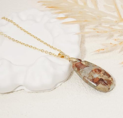 Stone Necklaces for Women Teardrop Gemstone Pendant Necklace Natural Stone Chain Necklaces - color: Khaki Gold