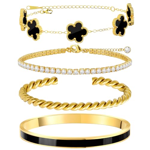 MOINSPIRE Gold Bracelets for Women, 18K Gold Plated Tennis Nail Clover love Bangle Bracelets Set Non Tarnish, Stainless Steel Trendy Stackable Bracelet Fashion Jewelry Accessories Gifts for Christmas - color: B2-Black