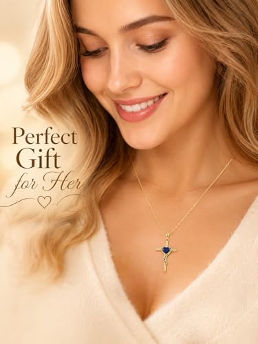 14K Gold Cross Necklace for Women Dainty Birthstone Pendant | Heart I Love You Romantic Jewelry Anniversary Christian Religious Baptism Birthday Gifts with 18"+2" Adjustable Chain - color: 14K Gold-09-Sep Birthstone